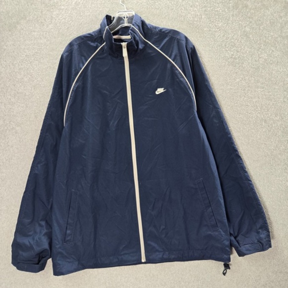 VINTAGE Nike Men Track Jacket XL Blue Full Zip Swoosh Logo Mock Neck Long Sleeve